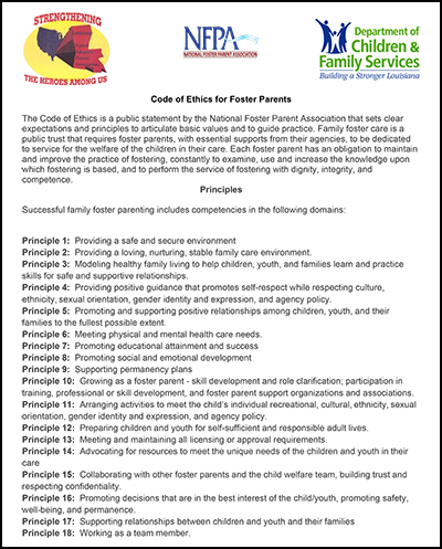 Code of Ethics for Foster Parents | Department of Children & Family Services | State of Louisiana