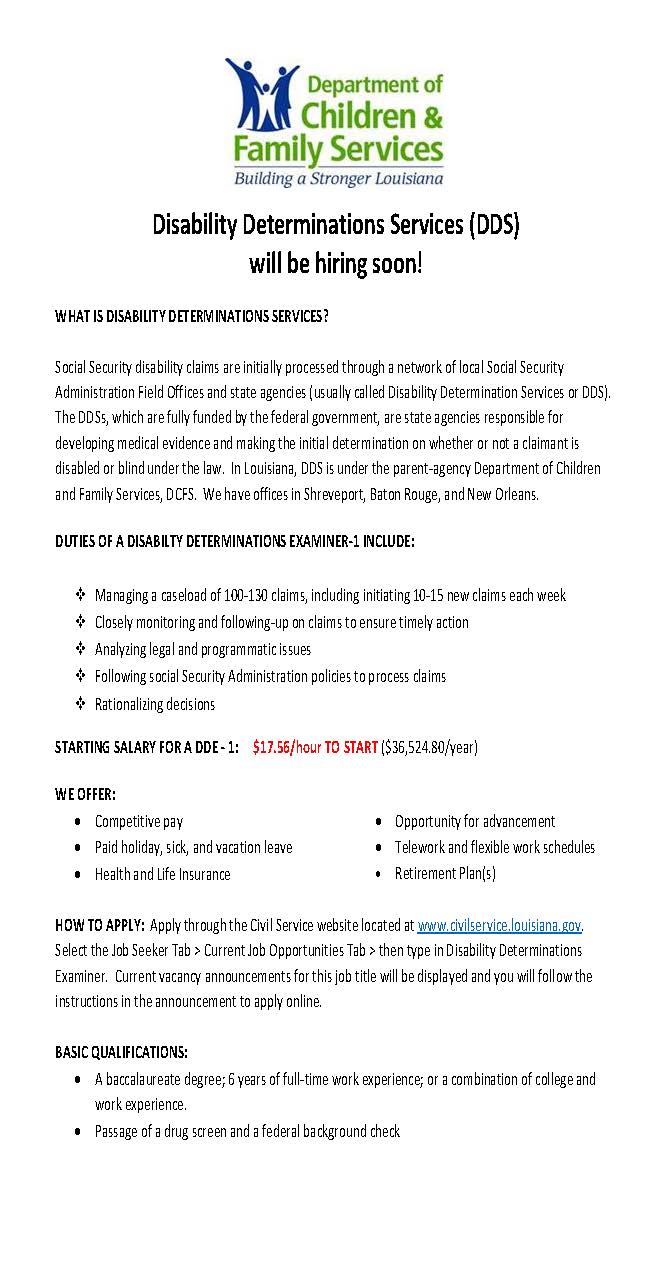 Flyer with the following sections: what is  Disability Determinations Services, Duties of a Disability Determinations Examiner 1, starting salary for a DDE, we offer, how to apply, and basic qualifications.